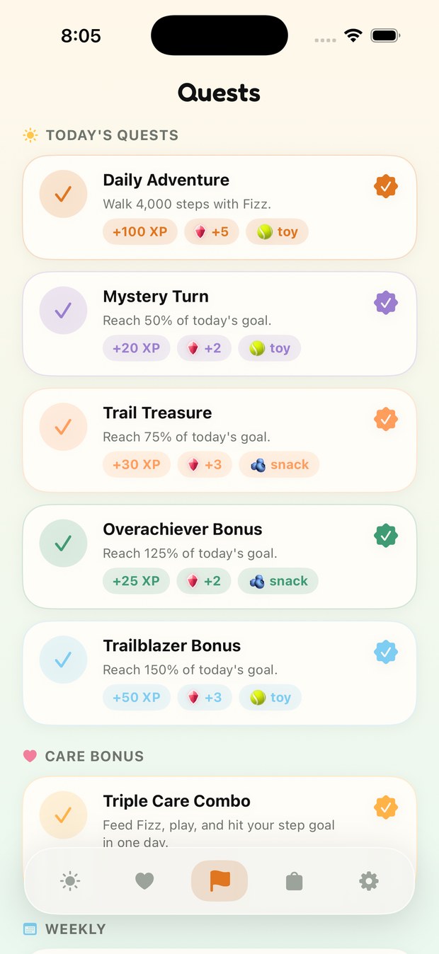 The Quests screen with daily and weekly goals