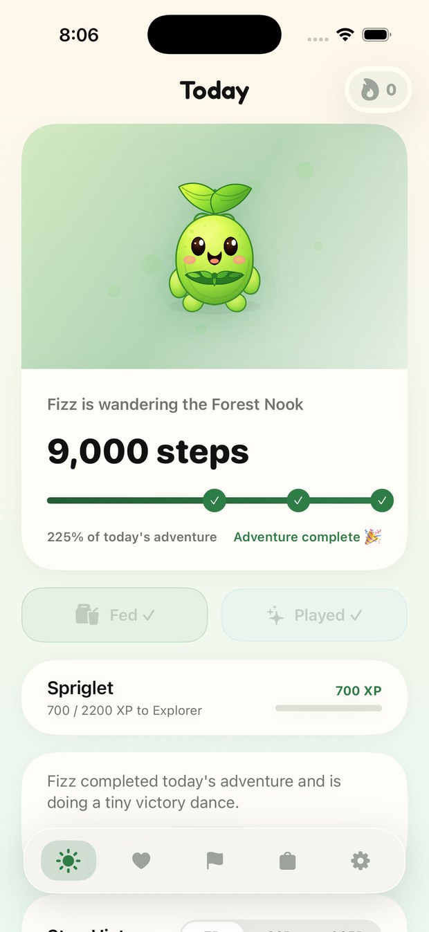 The Pathlings Today screen showing a step goal and a green buddy